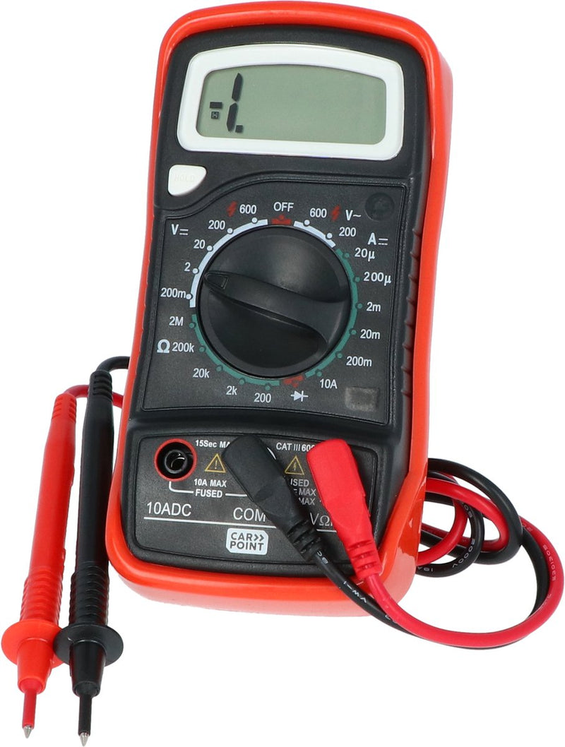 Multimetro digitale Carpoint - misura diverse tensioni, misurazioni di diodi di resistenza - display digitale chiaro - 7 caratteri e altezza 15 mm - interruttore della gamma di funzioni - 2 cavi codificati a colori