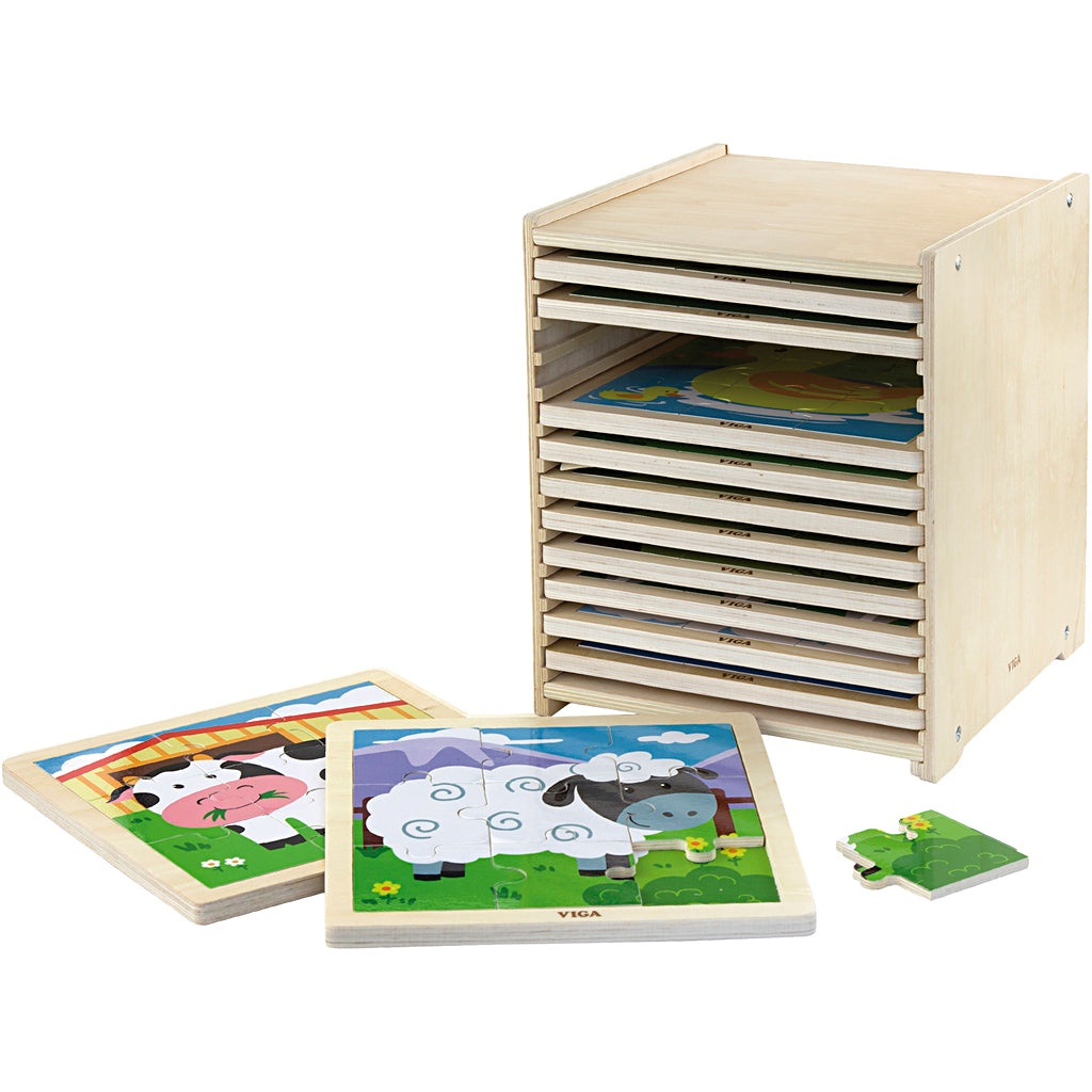 Viga puzzle rack con 12 rompecabezas, dimensiones 23x27,5x23,5 cm, 12x9 piezas, 12 piezas 1 juego