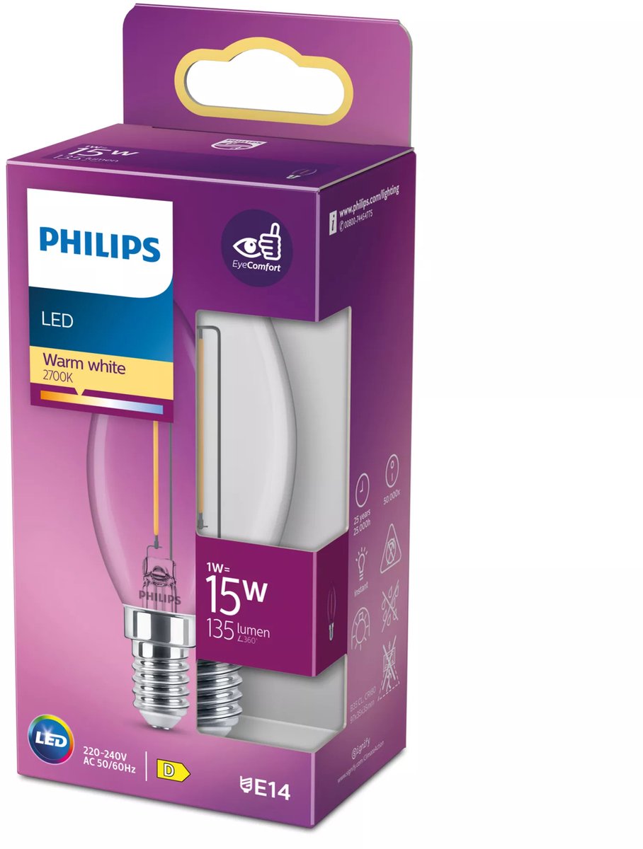 Lámpara LED Philips - lámpara de vela con casquillo E14 - luz blanca cálida: 2700k - 15w - vidrio transparente