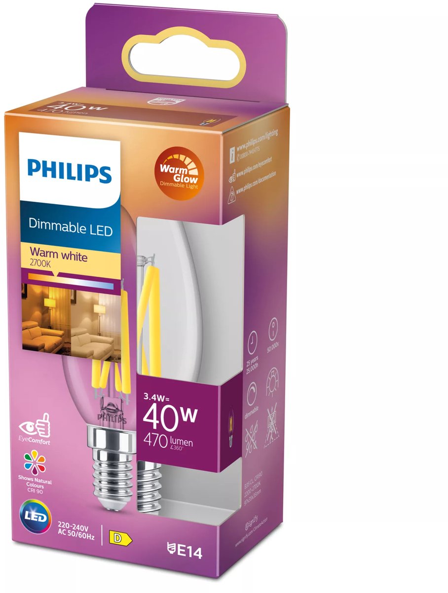 Philips LED candle transparent - 40 W - E14 - dimmable warm white light