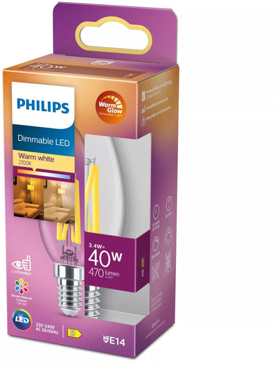 Philips LED candle transparent - 40 W - E14 - dimmable warm white light