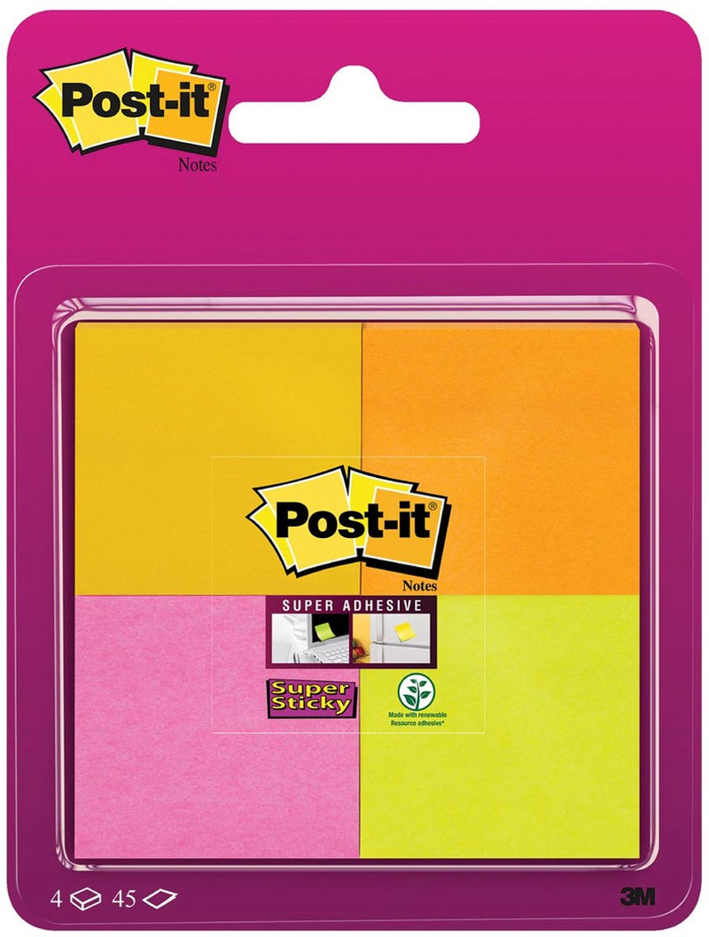 Post-it® foglietti super adesivi, colori scintillanti, 47,6 x 47,6 mm - giallo neon, rosa neon, arancione neon, verde neon, 4 blocchi