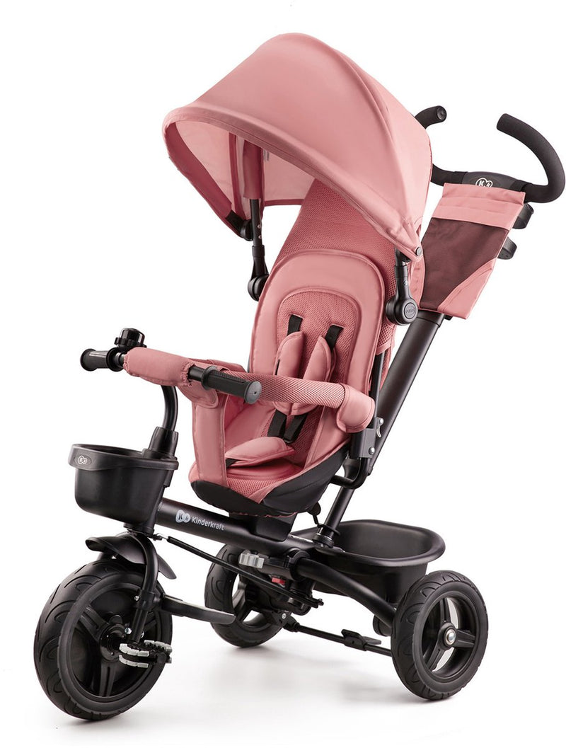 Triciclo Kinderkraft aveo - da 9 mesi a 5 anni - sedile girevole, barra di spinta regolabile, ruote antiforatura e cinture di sicurezza - rosa