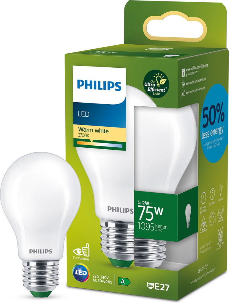 Philips LED Lampada LED Philips ultra efficiente opaca - 75 W - E27 - luce bianca calda