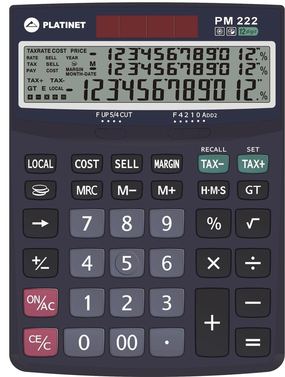 Calculadora de escritorio Platinet pmc222te - calculadora 12 dígitos máx. 3 líneas, función fiscal y energía solar.