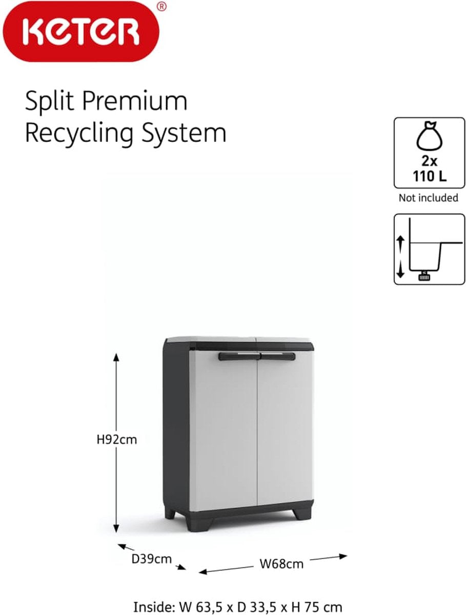 Keter split premium buitenprullenbak - 68x39x92cm - zwart grijs