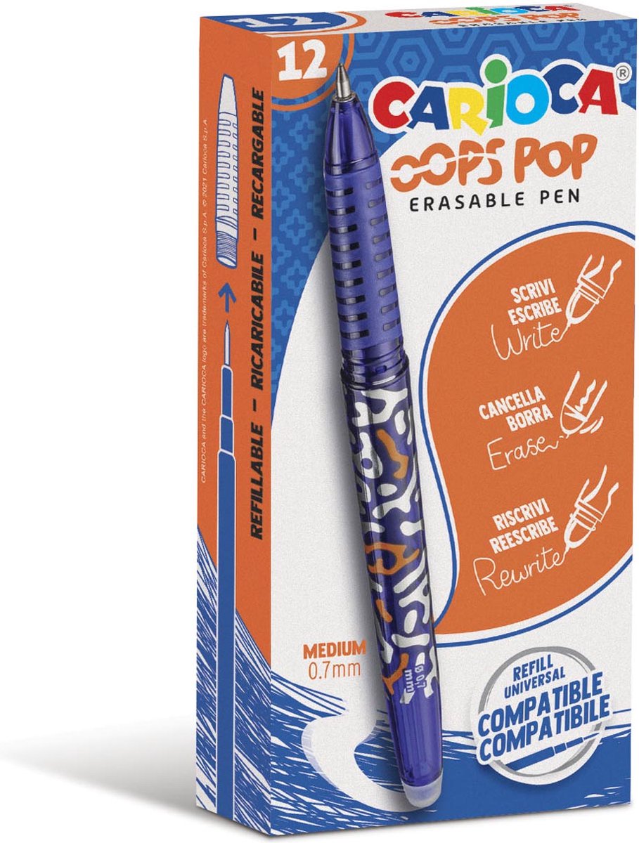 Roller de gel carioca oops pop, mediano, borrable, caja de 12 piezas, azul