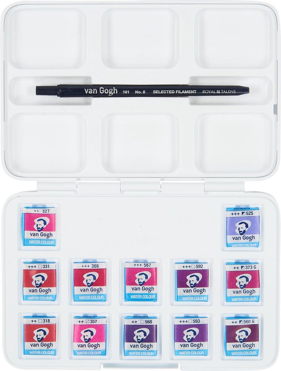 Van gogh aquarelverf pocket box roze en violetten met 12 kleuren in halve napjes
