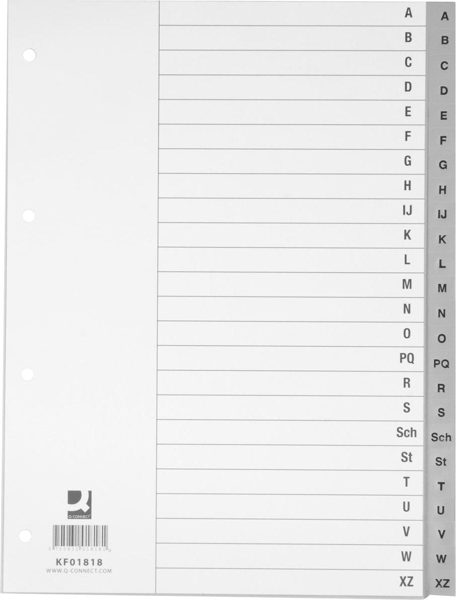 Tabs alfabetici Q-connect, a4, pp, con foglio indice, 24 tabs, grigio