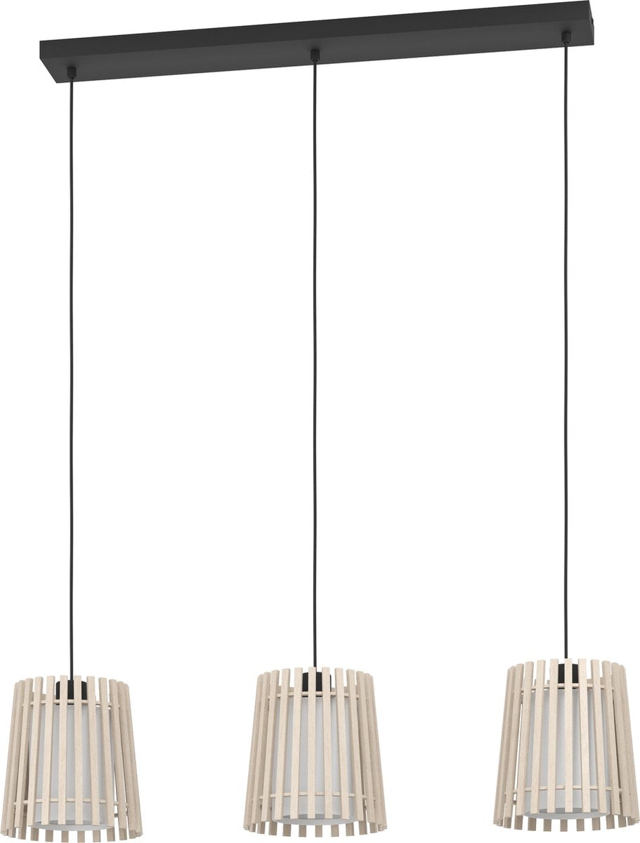 Eglo fattoria hanglamp - e27 - 90 cm - zwart bruin wit - hout textiel