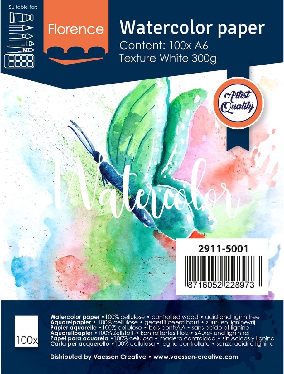Florence vaessen aquarelpapier - intens white - a6 - 300 grams - lichte structuur - texture - florence - 100 vellen