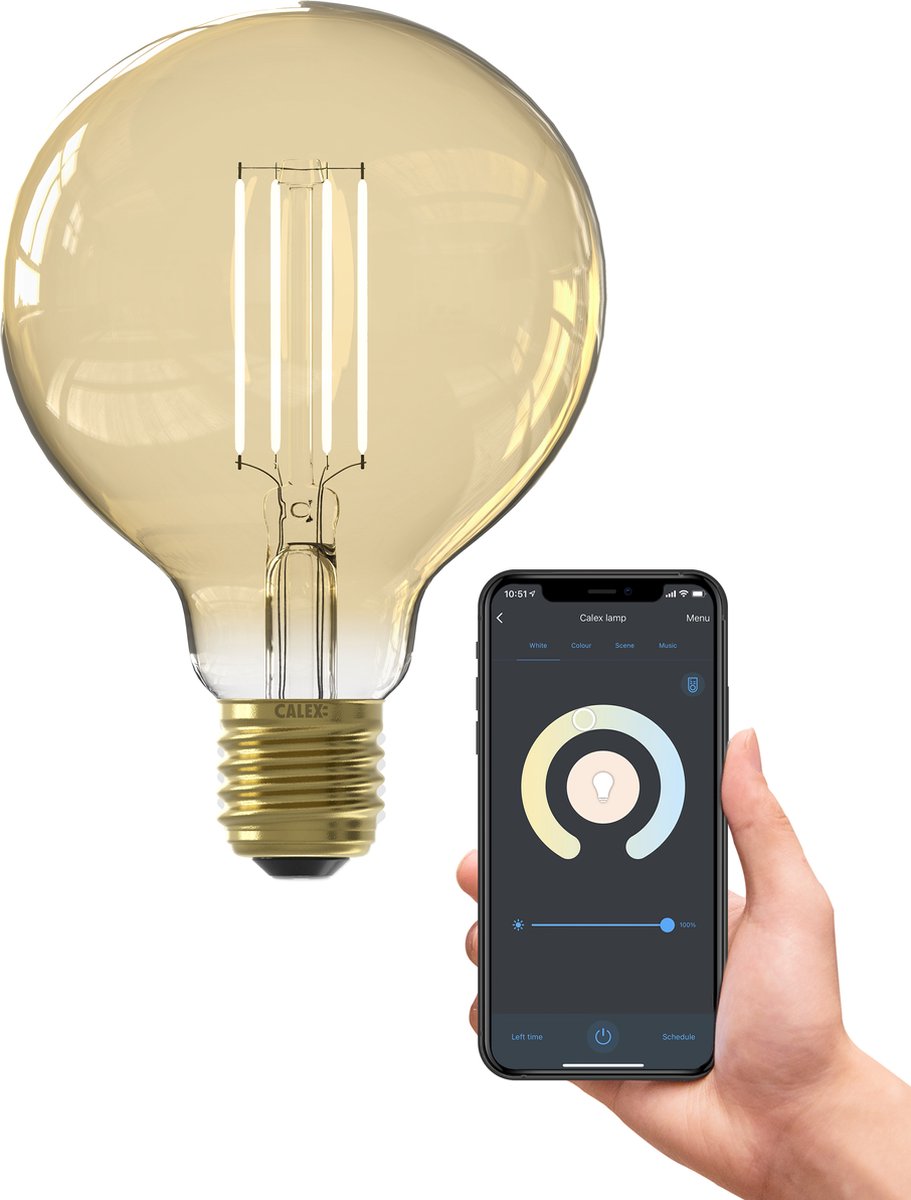 Calex slimme lamp - wifi led filament verlichting - globe 9,5cm - e27 - smart bulb goud- dimbaar - warm wit licht - 7w