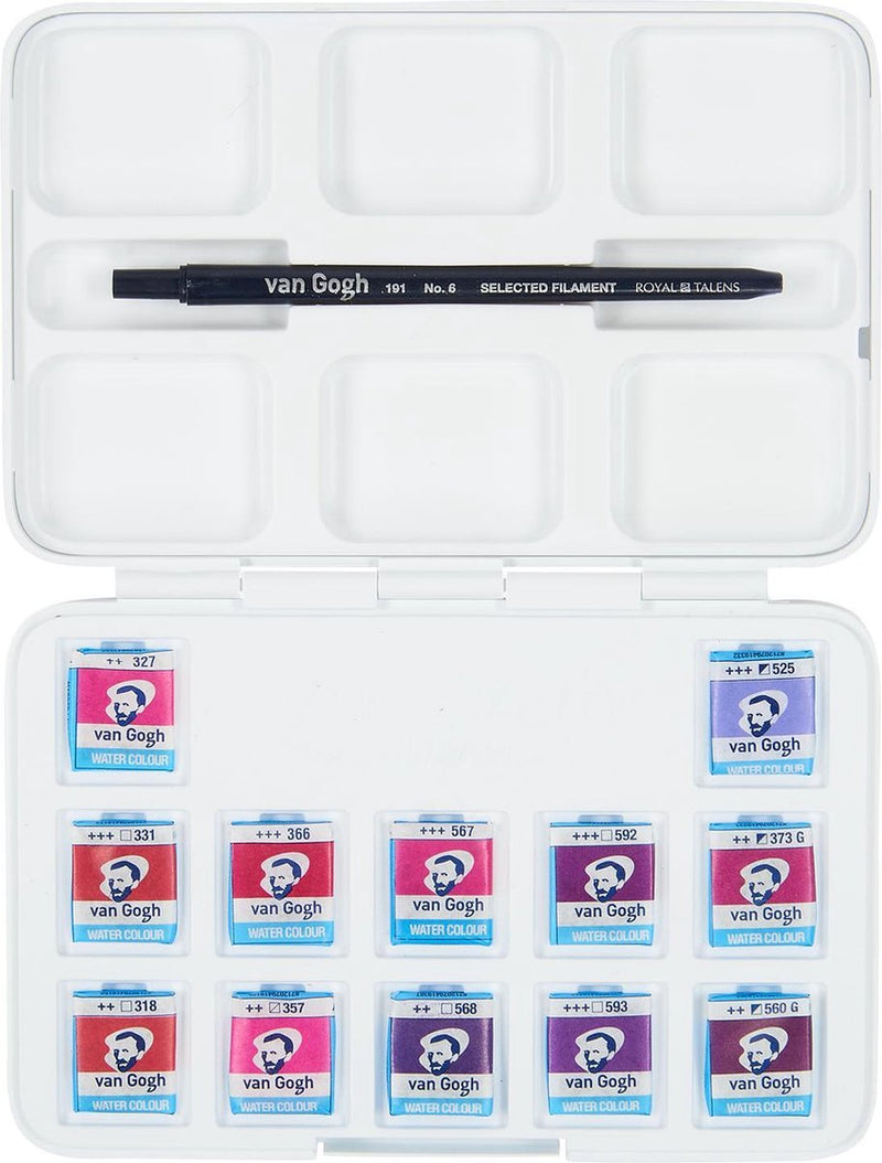 Caja de bolsillo de pintura de acuarela Van Gogh rosa y violeta con 12 colores en medias cubetas