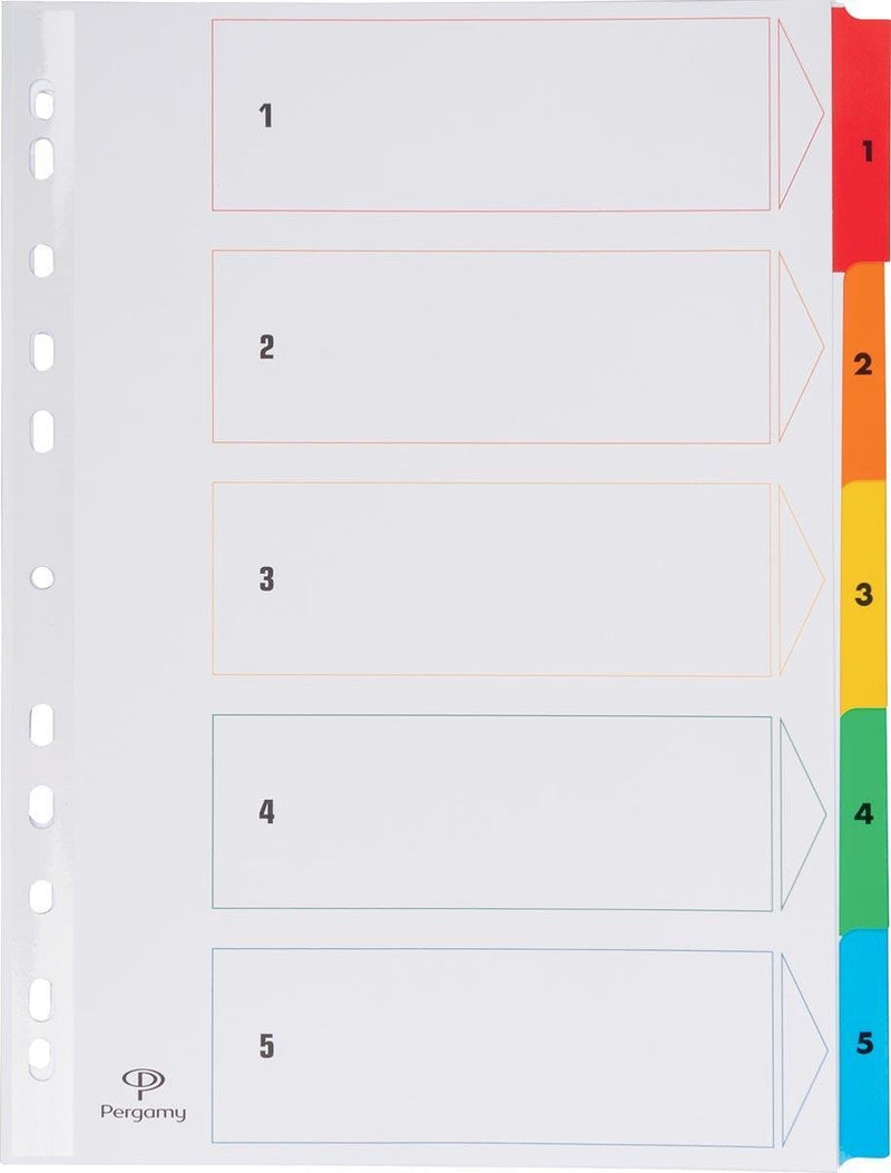 Pergamy tabbladen met indexblad, ft a4, 11-gaatsperforatie, geassorteerde kleuren, set 1-5