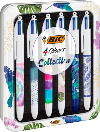 Bolígrafos Bic de 4 colores - decoraciones botánicas y tie-dye - caja de regalo con 6 bolígrafos - punta media 1 mm