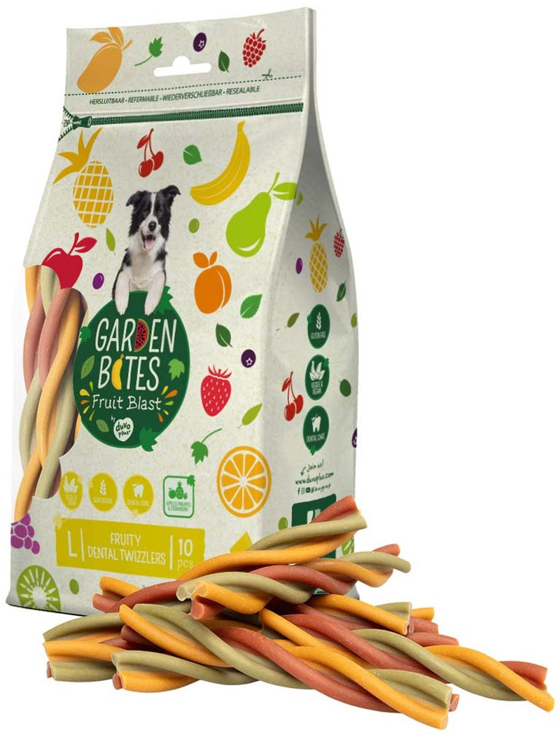Duvo plus garden bits - snacks para perros twizzlers dentales afrutados - golosinas para perros - vegetariano sin gluten - grande 10ud
