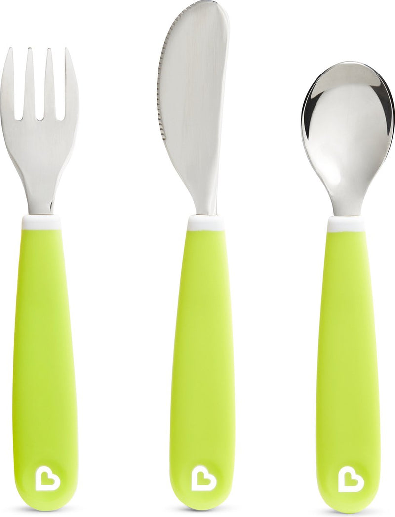 Cubiertos para niños Munchkin - juego de cubiertos para niños pequeños - tenedor, cuchillo y cuchara - juego de 3 - juego de cubiertos para niños - color verde - a partir de 18 meses