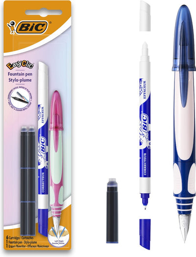 Penna stilografica ergonomica Bic easy clic - rosa o blu - per destrimani o mancini - 1 penna stilografica con cancellino e 6 cartucce di inchiostro