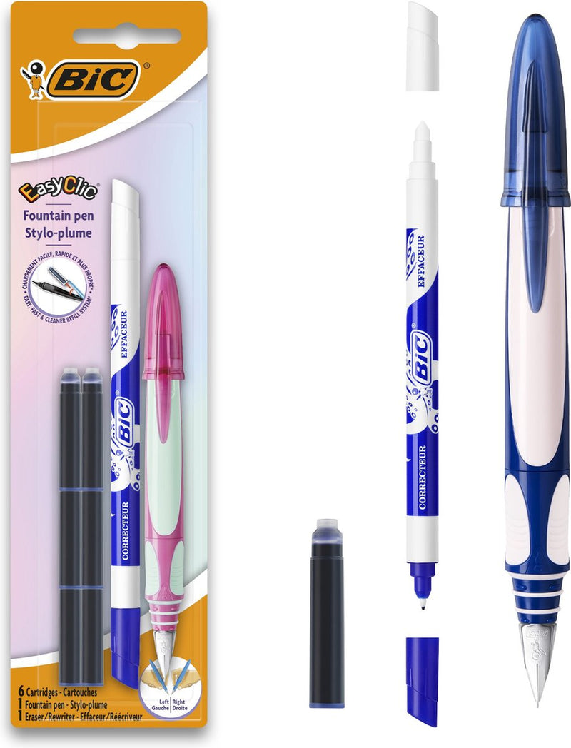 Penna stilografica ergonomica Bic easy clic - rosa o blu - per destrimani o mancini - 1 penna stilografica con cancellino e 6 cartucce di inchiostro