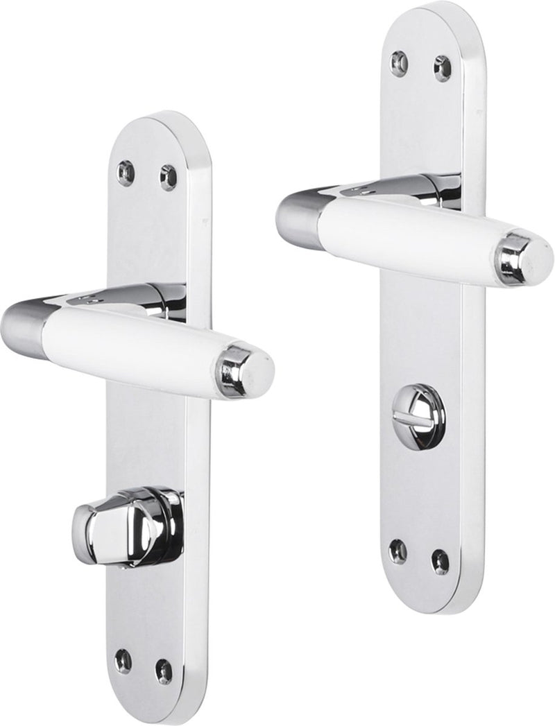 Maniglia per porta Impresso - durban - per interni - scudo ovale con viti e serratura WC - cromata - bianca - 2 pezzi