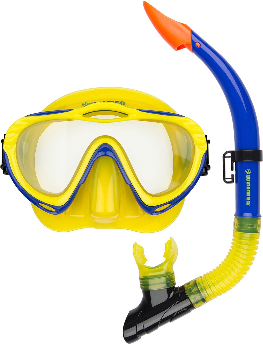 Occhialini sub con boccaglio Waimea - bambini - giallo blu - lenti in vetro temperato