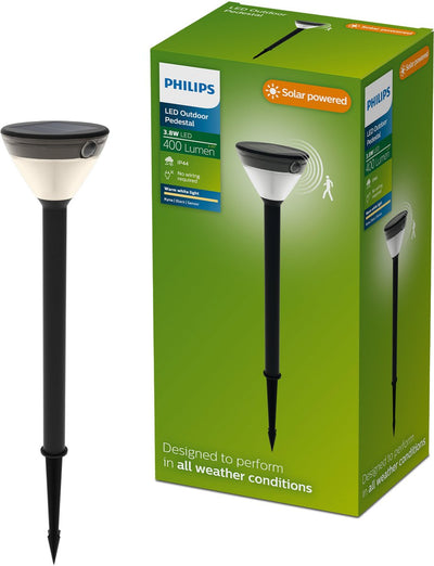 Philips led philips kyna solar sokkellamp - zonne-energie - warmwit licht: 2700k - zwart - twee lichtstanden - schemersensor - bewegingssensor - ip44: weerbestendig - solar buitenverlichting