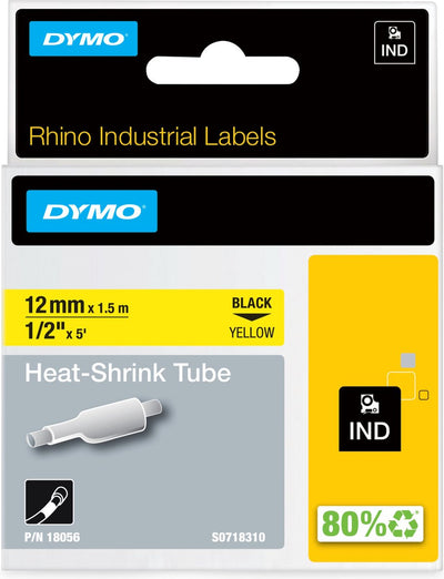 Etichette per tubi termoretraibili industriali Dymo Rhino | 12 mm x 1,5 m | stampa nera su giallo | per le stampanti di etichette Rhino