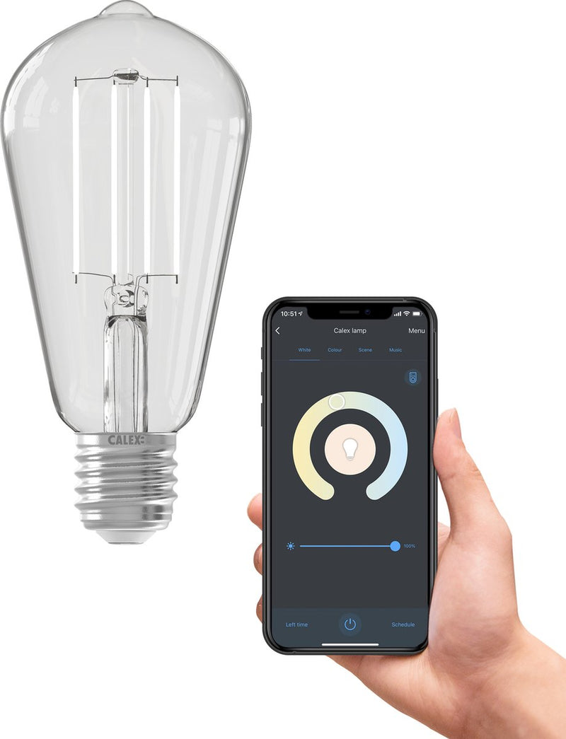 Lámpara inteligente Calex - iluminación de filamento led wifi - e27 - fuente de luz inteligente rústica transparente - regulable - luz blanca cálida - 7w