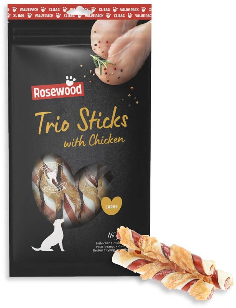 Palisandro trío snacks para perros pollo grande - palitos masticables resistentes de piel de vaca - paquete económico 800 g - sin cereales - sin aditivos artificiales