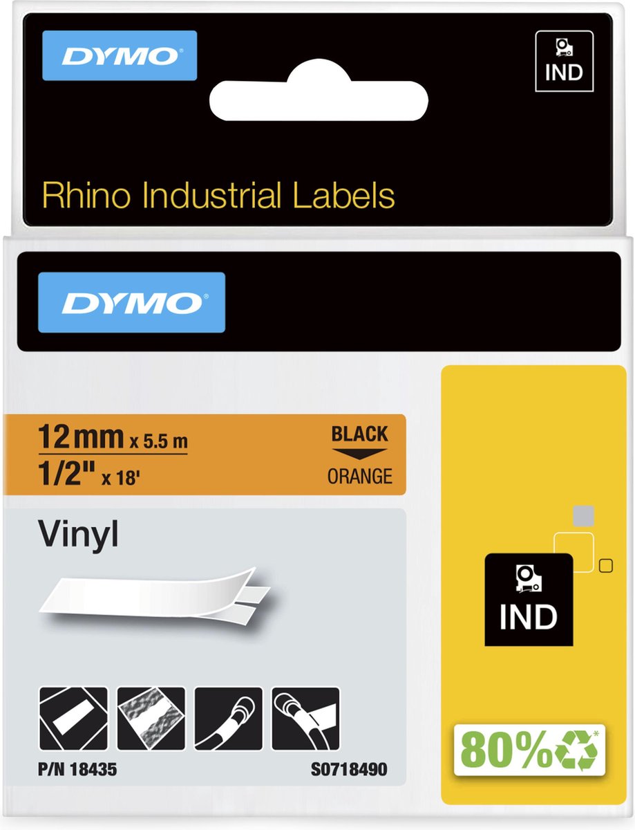Etichette in vinile industriale Dymo rinoceronte | 12 mm x 5,5 m | stampa nera su arancione | etichette autoadesive per stampanti di etichette rhino label manager