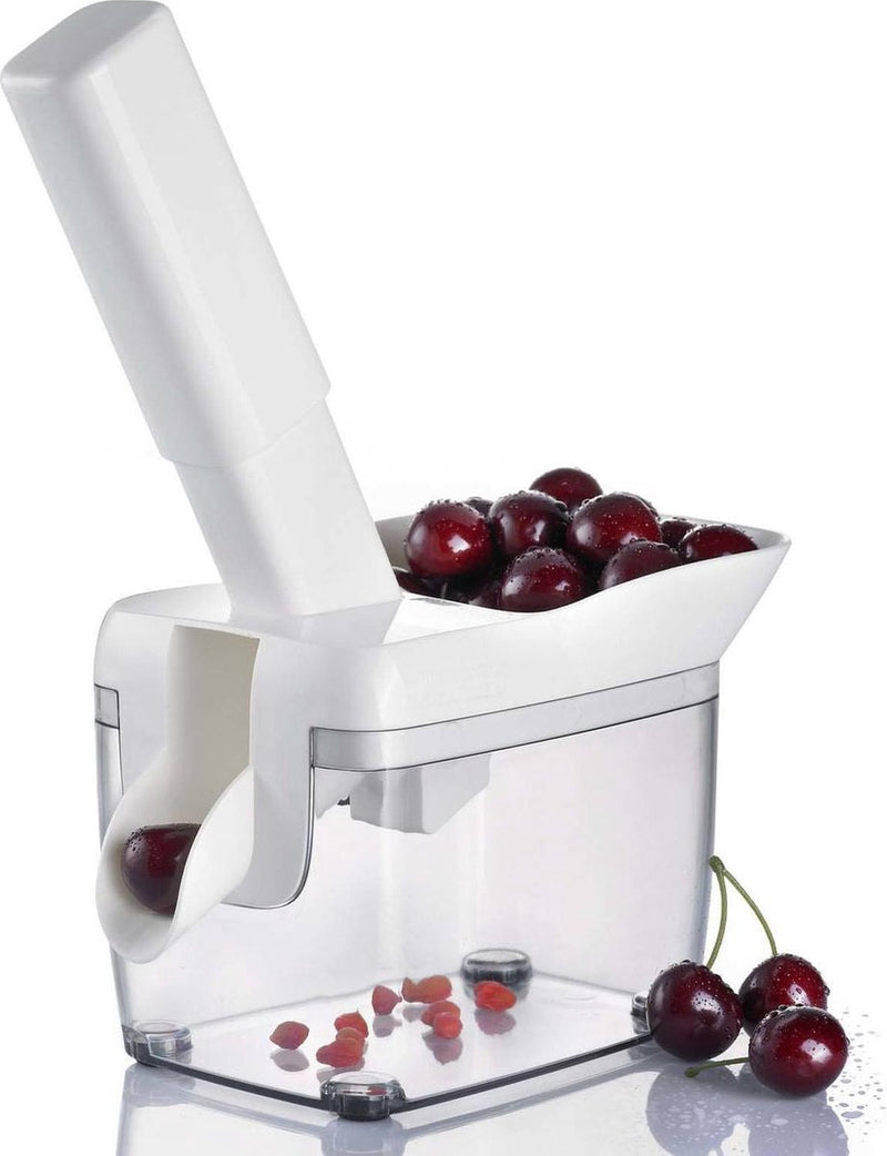 Disimpilatore per ciliegie Westmark con imbuto, scatola centrale e ricettario, altezza: 30 cm, plastica in acciaio inossidabile, kernfix, bianco grigio scuro trasparente, 40352260