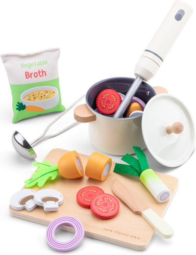 Woet ® juego de sopa de juguete de madera - juego de juguetes "haz tu propia sopa" - fsc - incluye verduras, bandeja para cortar, cucharón - comida de juguete - juego de cocina para juegos de rol - a partir de 2 años