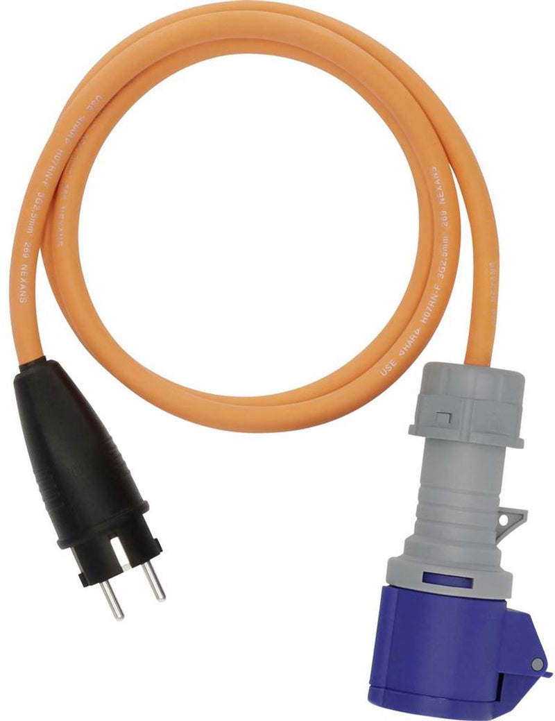 Cable adaptador para camping Brennerstuhl con enchufe con toma de tierra y acoplamiento CEE con indicador de voltaje LED (cable de 1,5 m en naranja, H07RN-F 3G2.5, 230V 16A, uso permanente en exteriores IP44, fabricado en Alemania)