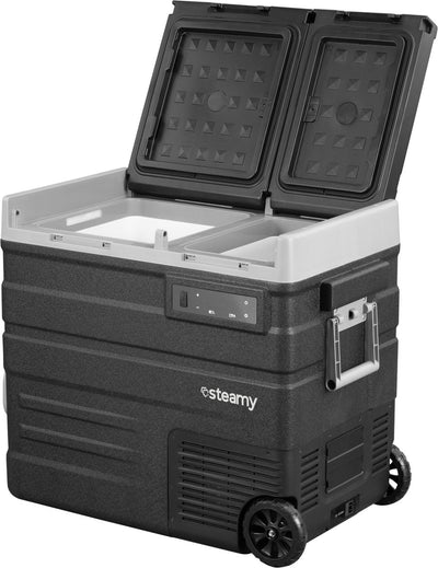 Steamy-e dual zone roller electric compressor cool box on wheels - dual zone - 57 liters - 12v and 230v - for car and camping - black
