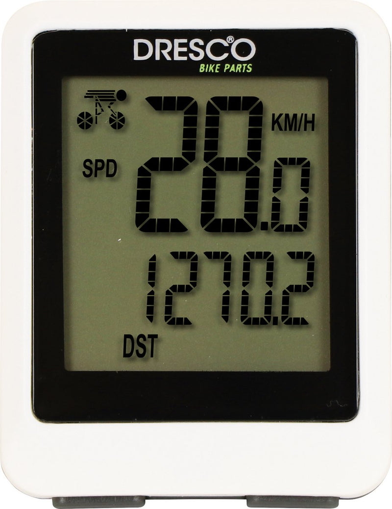 Ciclocomputador inalámbrico Dresco - 12 funciones - pantalla grande - función de escaneo - a prueba de salpicaduras - incl. (CR2032) - reloj (12 o 24 horas) - arranque y parada automático - retroiluminación - incl. materiales de montaje - blanco