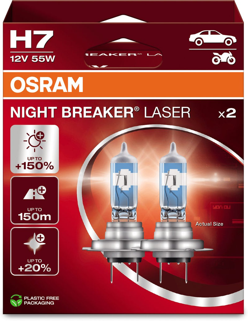 Osram night breaker laser - lámparas halógenas para coche h7 - hasta un 150% más de luz y 150 m de visibilidad - 64210nl-2hb - calidad alemana - juego de 2 lámparas