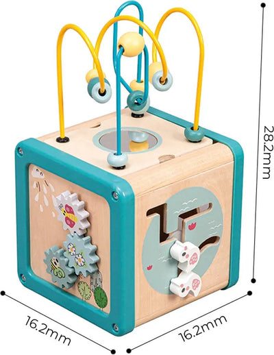 Cubo attività in legno Playwood con cornice di perline