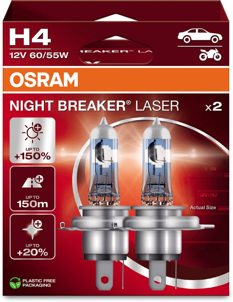 Osram night breaker laser - lámparas halógenas para coche h4 - hasta un 150% más de luz y 150 m de visibilidad - 64193nl-2hb - calidad alemana - juego de 2 lámparas
