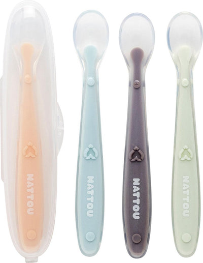 Cucchiai in silicone per bambini Nattou - 4 pezzi - lunghezza: 16 cm ciascuno - con scatola di trasporto per 1 cucchiaio - senza BPA