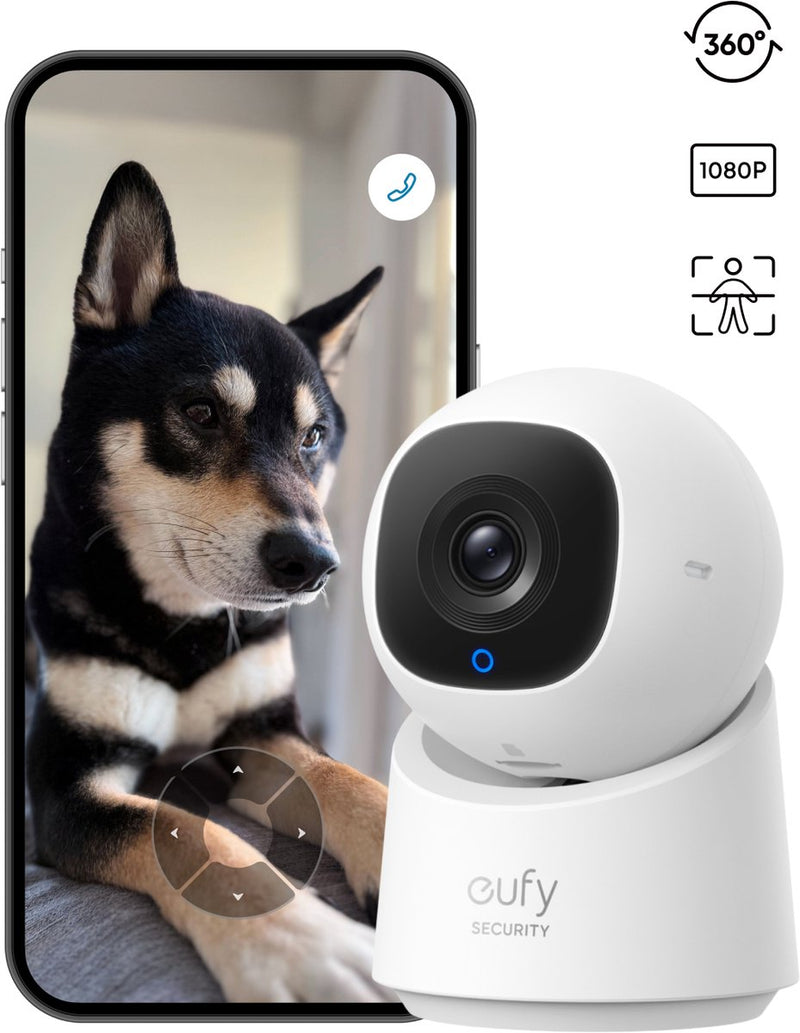 Cámara interior Eufy security c210 - cámara interior - cámara para mascotas con aplicación - petcam - resolución HD 1080p - giro e inclinación de 360° - detección de personas y movimiento basada en IA - compatible con Alexa y Google Assistant
