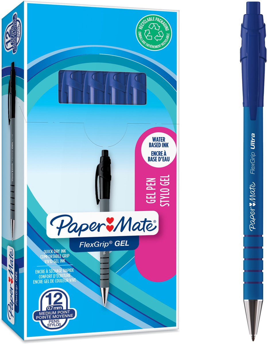 Paper mate - bolígrafo gel flexgrip | caja de 12 piezas | azul