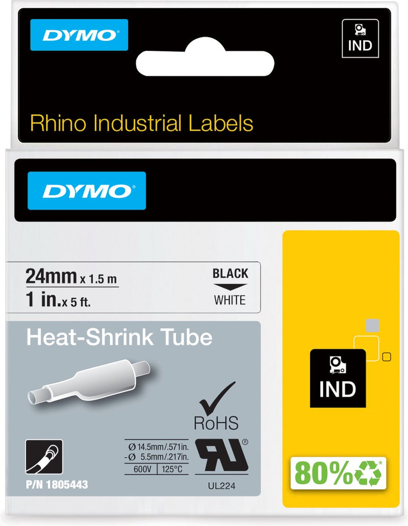 Etichette per tubi termoretraibili industriali Dymo Rhino | 24 mm x 1,5 m | stampa nera su bianco | per le stampanti di etichette Rhino