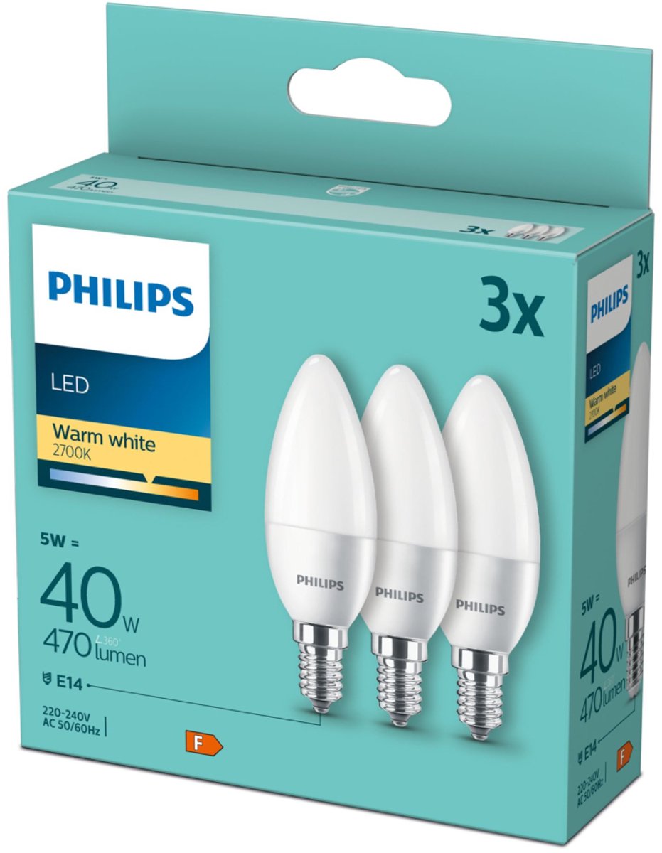 Philips LED Value Pack 3 piezas lámpara vela E14 5W - 2700K 470lm 230V - mate - B35 - reemplaza 40W - luz blanca cálida