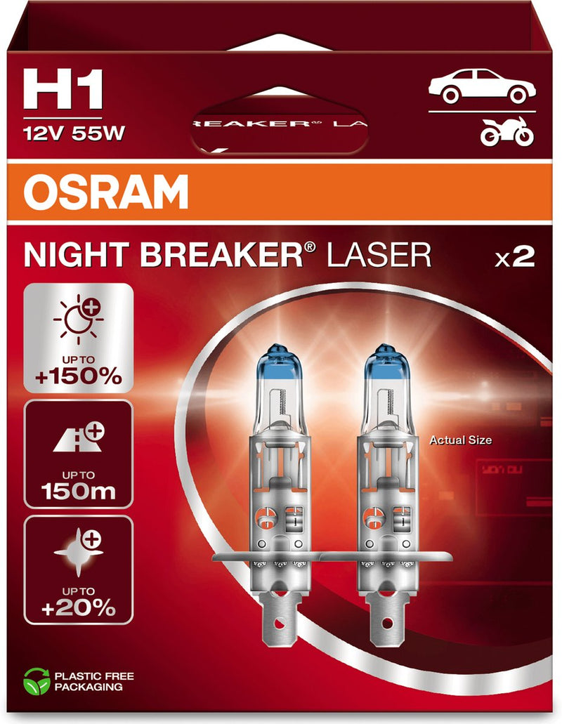 Osram Night Breaker Laser - Lampade alogene per auto H1 - Fino al 150% di luce in più e visibilità a 150 m - 64150nl-2hb - Set di 2 lampade
