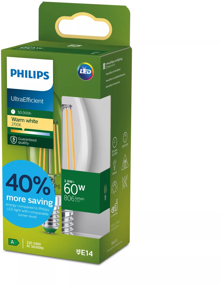 Philips led philips ultraefficient led lamp - 60w - e14 fitting - warmwit licht: 2700k - helder glas - b35 kaarslamp - lange levensduur
