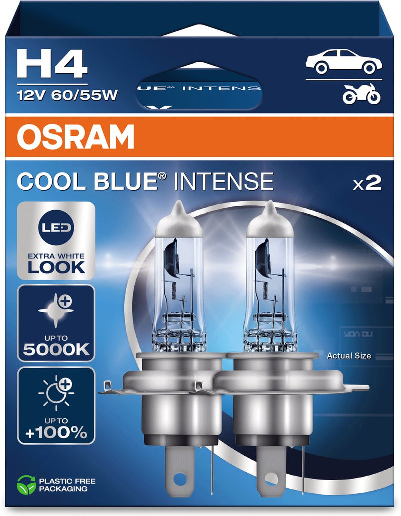 Lámparas halógenas para coche Osram cool blue intenso next gen h4 - luz más blanca y hasta un 100% más de visibilidad - calidad alemana - juego con 2 lámparas - 64193cbn-2hb
