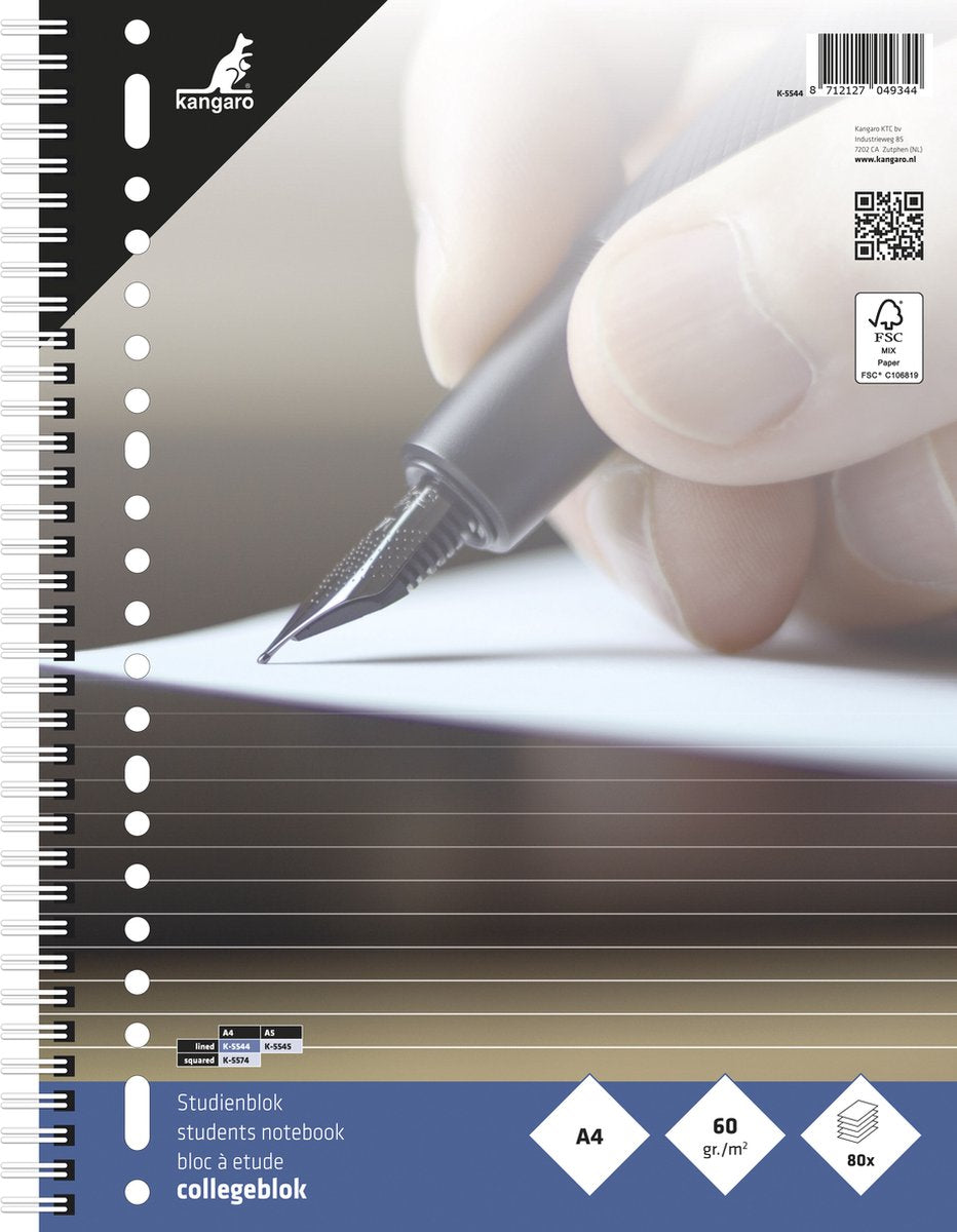 Blocco note Kangaro - A4 - con linea - 60 grammi - spirale - 23 fori - 5 pezzi - blocco note - k-5544-5