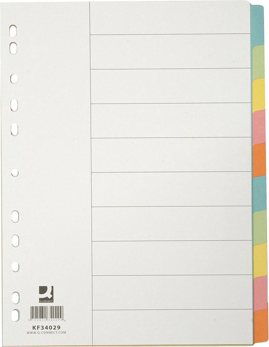 Q-connect tabbladen, a4, karton, 11-gaatsperforatie, 10 tabs, geassorteerde kleuren 25 stuks