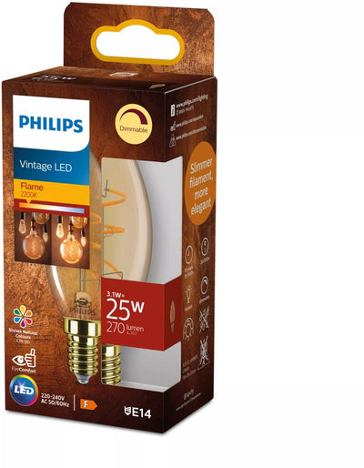 Philips LED Philips vintage LED - lampada dimmerabile - 25w - luce bianca extra calda: 2200k - attacco E14 - vetro ambrato - lampada a candela