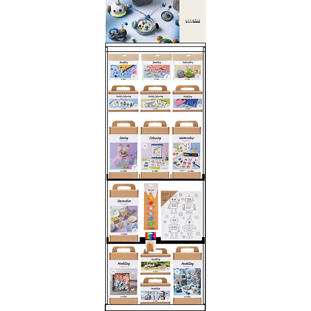 Espositore da terra Creative Company, non assemblato, nuovi prodotti Hero per bambini, h: 1580 mm, l: 600 mm, l: 400 mm, 97 unità. 1 pezzo